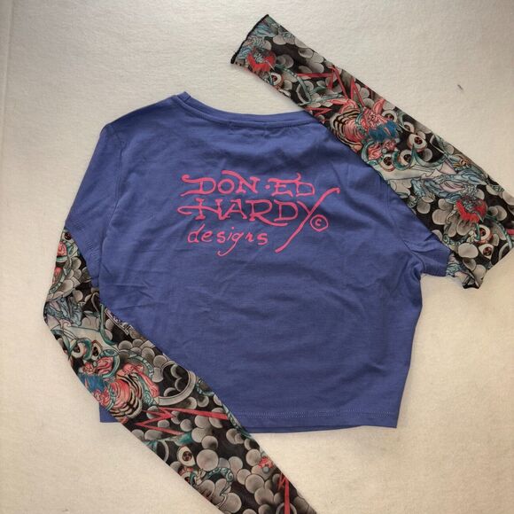 Ed Hardy Swallow 2fer Midnight Long Sleeve Crop T-Shirt Medium Y2K 2000s ERA New - Picture 3 of 5